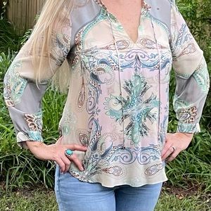100% silk Hale Bob paisley print long sleeve boho blouse top Size Medium